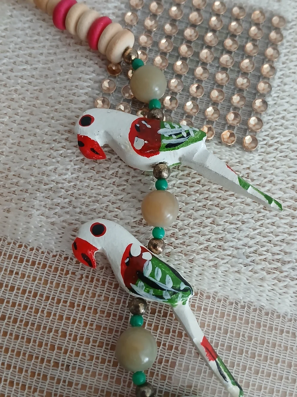 Handcrafted Parrot Bead Necklace - Red & Green Accent
